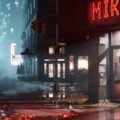 Capture d'écran de la bande-annonce de Marvel's Spider-Man 2 montrant un coin de rue de New York la nuit, éclairé par les lampadaires et les lumières des bâtiments.