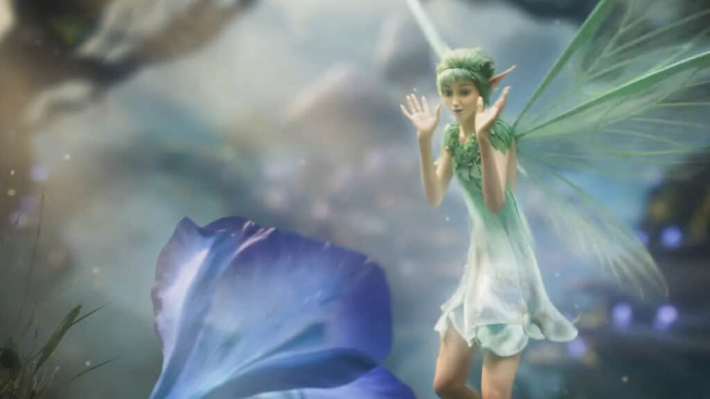 Capture d'écran de la bande-annonce cinématographique de Fable. Fée regardant une fleur