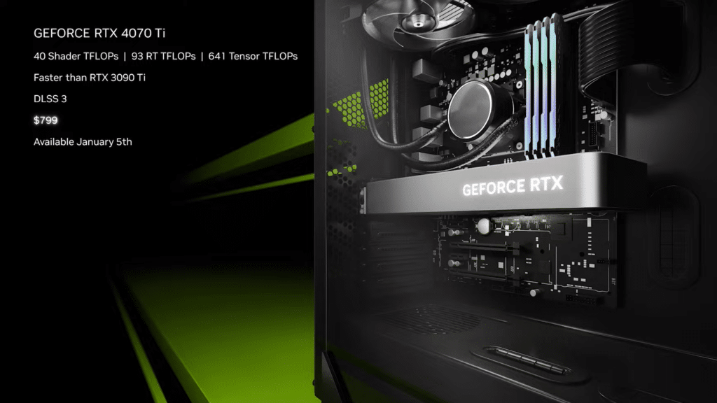 Capture d'écran du livestream du Nvidia CES 2023, présentant la RTX 4070 Ti avec ses spécifications et son prix.