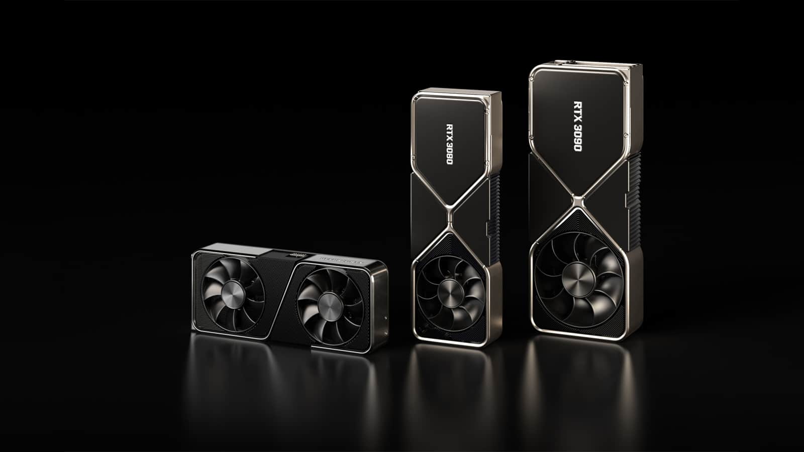 Nvidia RTX 3070, RTX 3080, et RTX 3090 alignées dans une image promotionnelle de Nvidia.